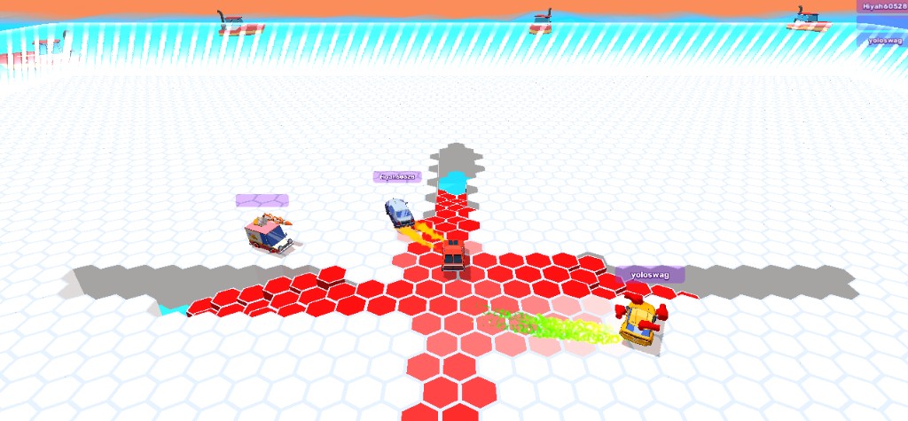 Cars Arena gameplay showing cars on a hexagonal arena as tiles break away