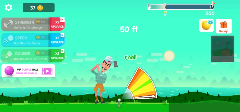 Golf Orbit gameplay showing a golfer timing a shot beside a power meter