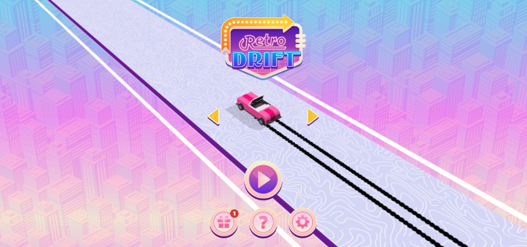 Retro Drift gameplay showing a pink car on a city road